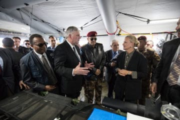 Franklin Graham speaks with dignitaries, including U.N. Humanitarian Coordinator for Iraq Lise Grande, at our field hospital.
