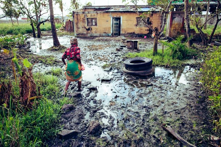 Water is just starting to recede in some locations of Beira, Mozambique. This flooded area is home to several families who lost their roofs in the storm.