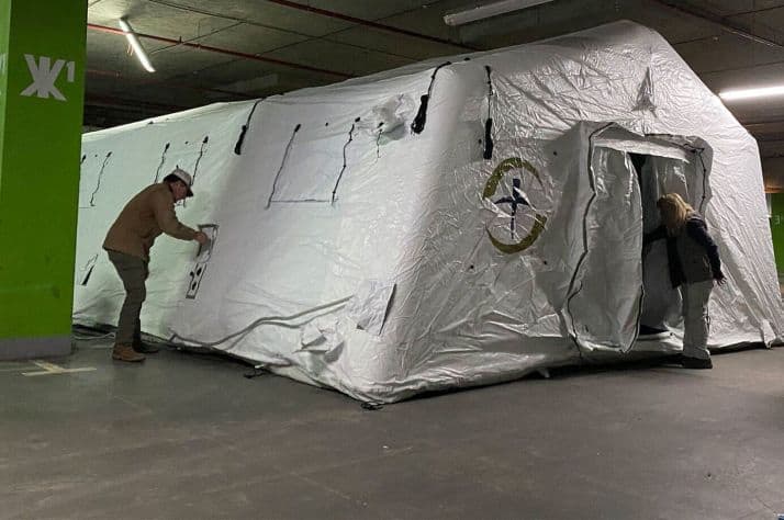 First tent is up! The Emergency Field Hospital in Ukraine is taking shape.