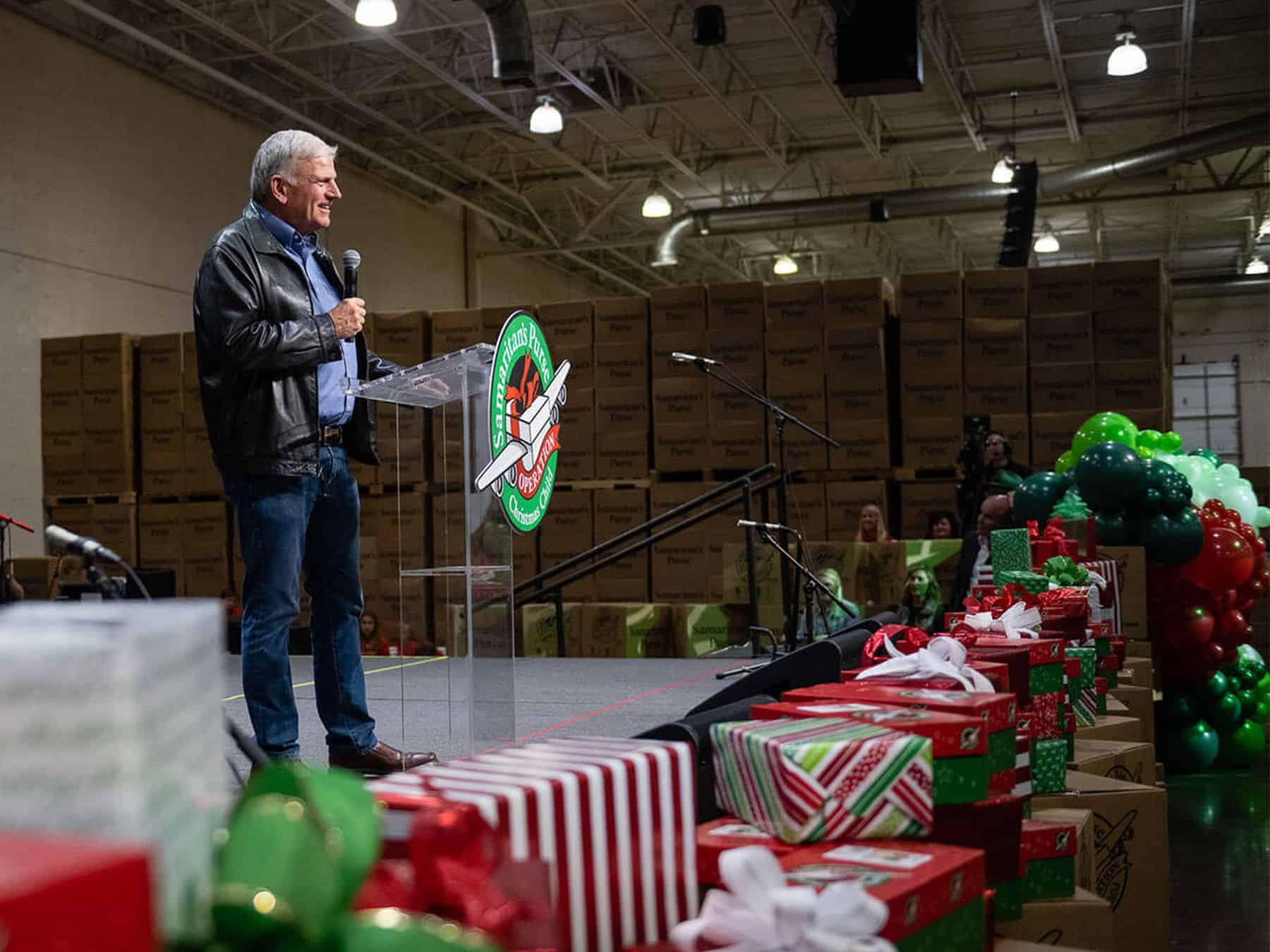 Samaritan's Purse President Franklin Graham helped celebrated the 200 millionth shoebox gift being packed in Charlotte, North Carolina.