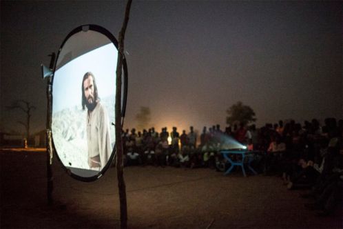 Jesus film playing at night