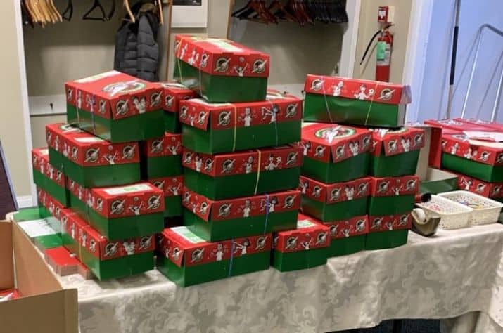 A collection of shoe boxes at a local Estevan church. (Photo credit: Jillian Ursu)